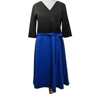 Star Vixen Dress Womens Large Tie Waist Blue & Black V Neck‎ Knee Length